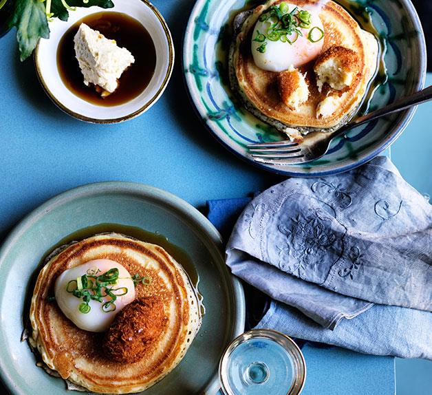 Bodega's buttermilk pancakes with bacalao, egg and smoked maple butter