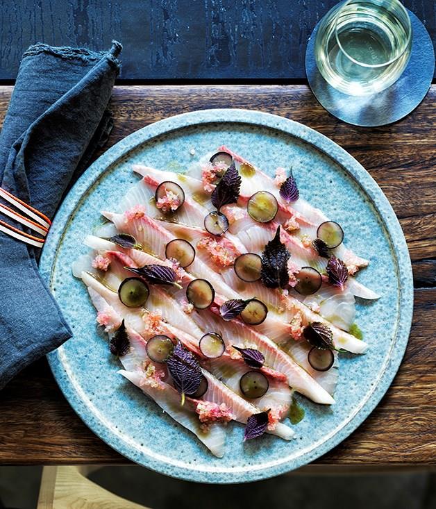 ['](https://www.gourmettraveller.com.au/recipes/chefs-recipes/kingfish-with-creme-fraiche-yuzukosho-shiso-and-finger-lime-8429|target="_blank")
