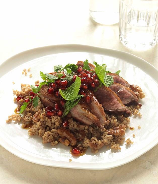 **Cracked wheat and walnut pilaf with duck and pomegranates**
