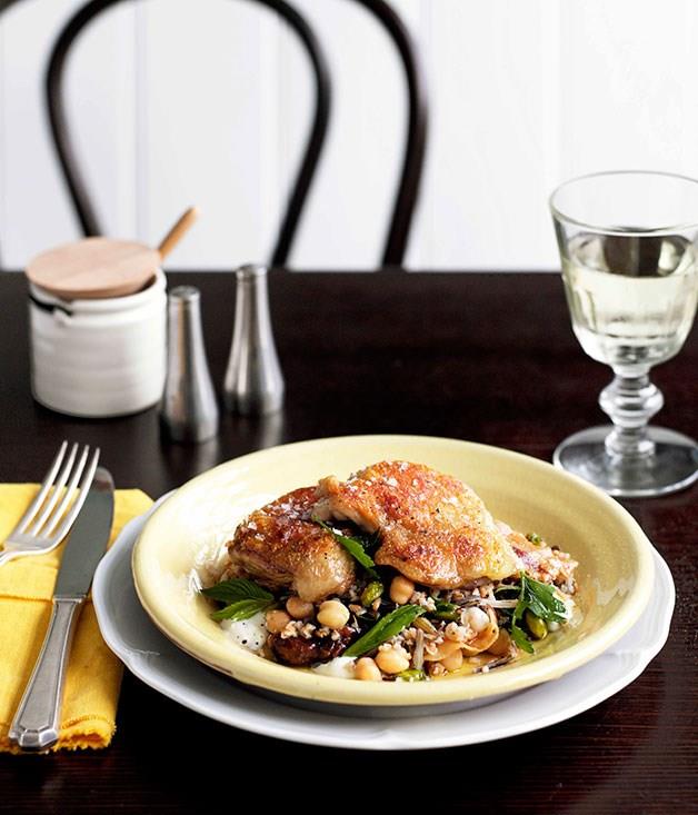 **Twice-cooked chicken with grain salad and pancetta**
