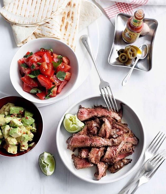 **Lime and chilli skirt steak fajitas**
Soft white tortillas, lime-marinaded steak and fresh avocados make this meal quick and tasty.
