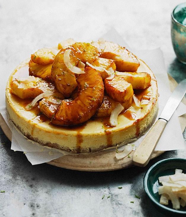**Coconut and lime cheesecake with brown sugar pineapple**
Candied coconut and fresh lime complement sweet, caramelised pineapple in this tropical dessert.
