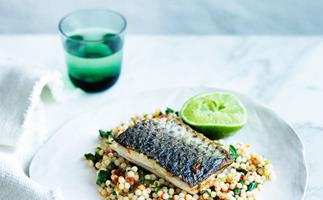 Sea mullet with harissa, preserved lemon and pearl couscous