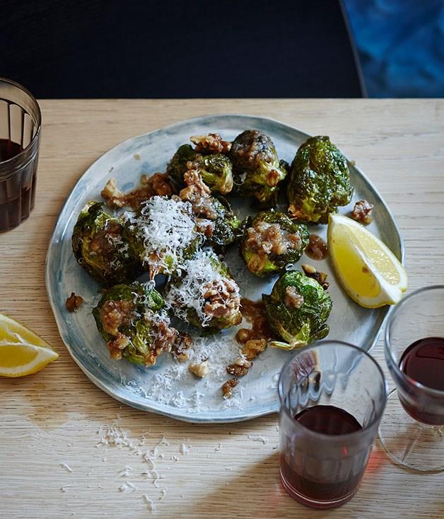 **Brussel sprouts with walnut dressing, lemon and pecorino**
