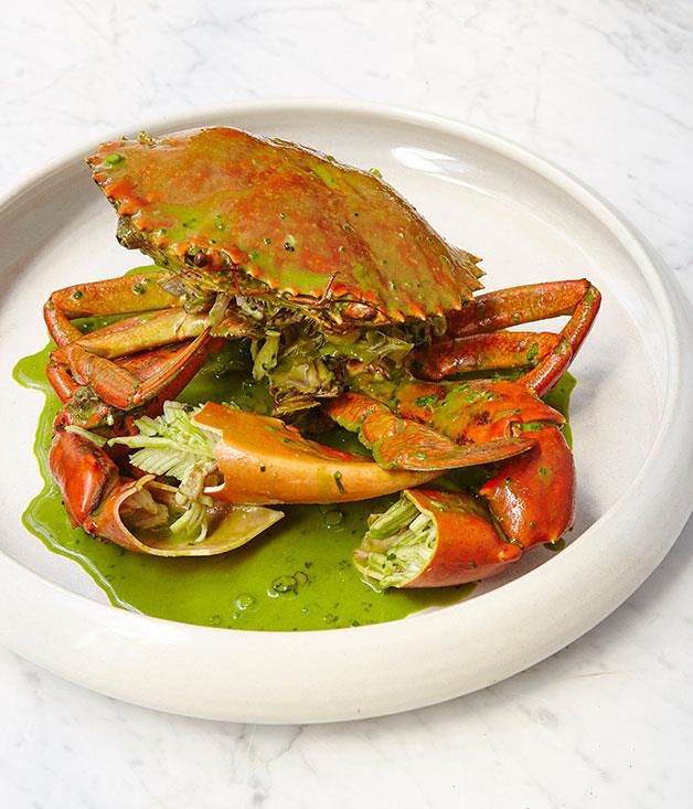 **Northern Territory mud crab with green garlic and tarragon sauce**
<br><br>
"Lots of the mud crab that you see in Sydney comes from the Northern Territory; the meat is super sweet. At Cirrus, I wanted to do whole crab but I didn't want to do chilli crab or black pepper crab. That has its place and is fantastic, but Cirrus is doing it a little bit differently - the crab is steamed and served with a green garlic and tarragon sauce and brioche. We're making the brioche in-house so it's nice and soft and has a nice glaze on it - and we're quite generous with the sauce, so it's great for mopping."
<br><br>
BRENT SAVAGE