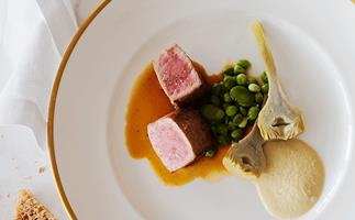 Barbecued veal, artichokes, peas and broad beans with oyster cream