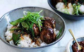 Soy pork and ginger meatballs with hoisin greens and rice