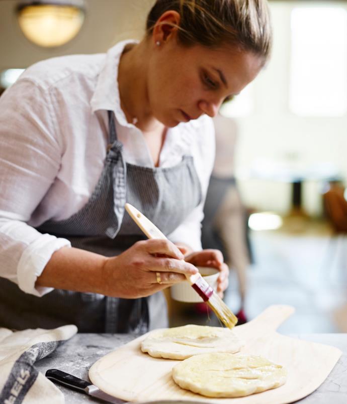 **Danielle Alvarez, chef at Fred’s, making fougasse**
"Our house-made bread is a fougasse," says Alvarez. "It's like French focaccia -brushed with olive oil but not quite as oily, and even though it's a lean dough it still has a nice chew."
