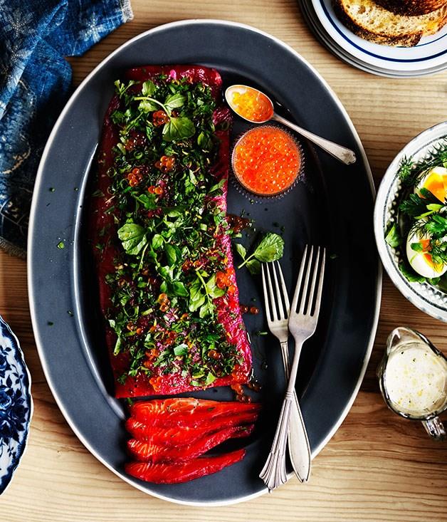 **[Beetroot-cured ocean trout with buttermilk and soft herbs](https://www.gourmettraveller.com.au/recipes/browse-all/beetroot-cured-ocean-trout-with-buttermilk-and-soft-herbs-11959|target="_blank")**
