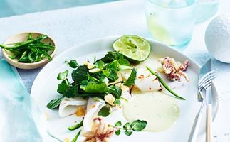 Jimmy Wah's grilled squid with watercress, green chilli mayo and fried garlic