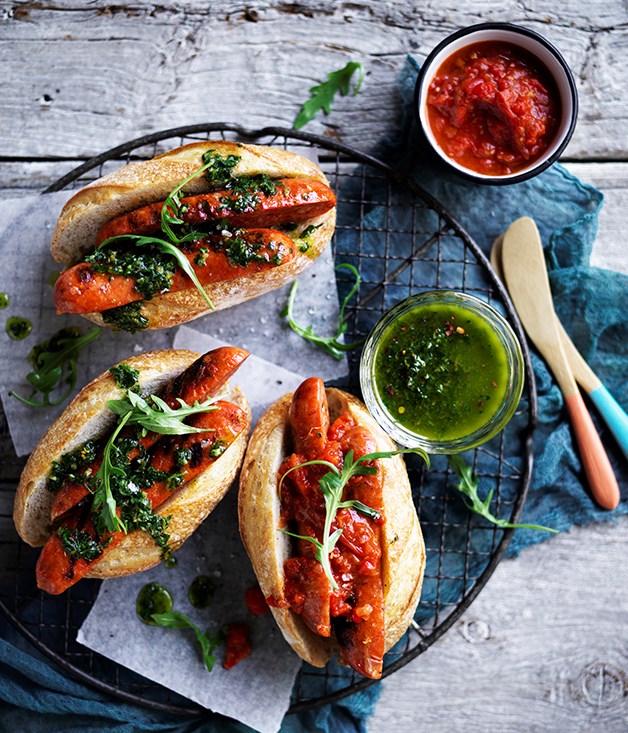 **[Chorizo hotdogs with chimichurri and smoky red relish](https://www.gourmettraveller.com.au/recipes/browse-all/chorizo-hotdogs-with-chimichurri-and-smoky-red-relish-12689|target="_blank"|rel="nofollow")**