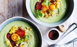 Chilled avocado soup with grilled corn