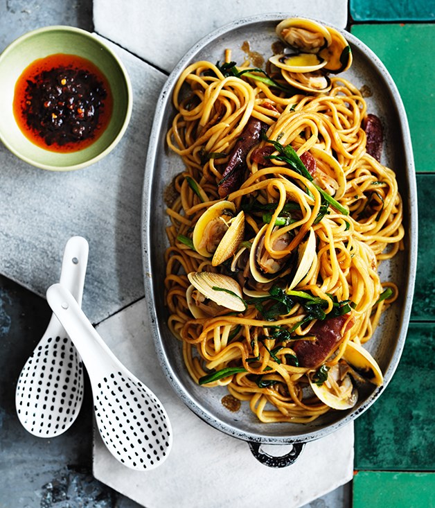 **[Clam, sausage and black bean noodles with garlic chives](https://www.gourmettraveller.com.au/recipes/browse-all/clam-sausage-and-black-bean-noodles-with-garlic-chives-12740|target="_blank"|rel="nofollow")**