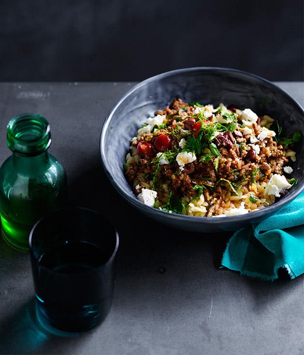 [**Lamb with orzo and olives**](http://www.gourmettraveller.com.au/recipes/fast-recipes/lamb-with-orzo-and-olives-13818|target="_blank")