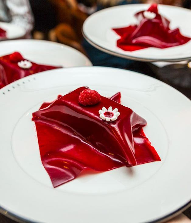**Dessert is served**
Napoléon's Blanky, a raspberry mille feuille, is presented beneath a 'blanket' of raspberry set with agar-agar.

Photograph by Marcel Aucar.