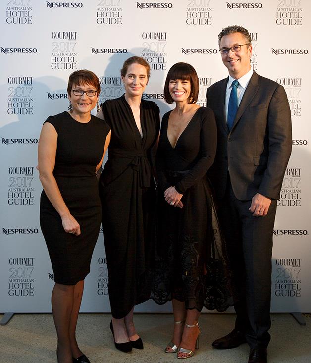 **On the stage**
Bauer Media general manager homes and food, Cornelia Schulze; _Gourmet Traveller_ editor Sarah Oakes; Jackalope Hotels group general manager Tracy Atherton; Loic Réthoré, General Manager, Nespresso Australia and Oceania.

Photograph by Marcel Aucar.