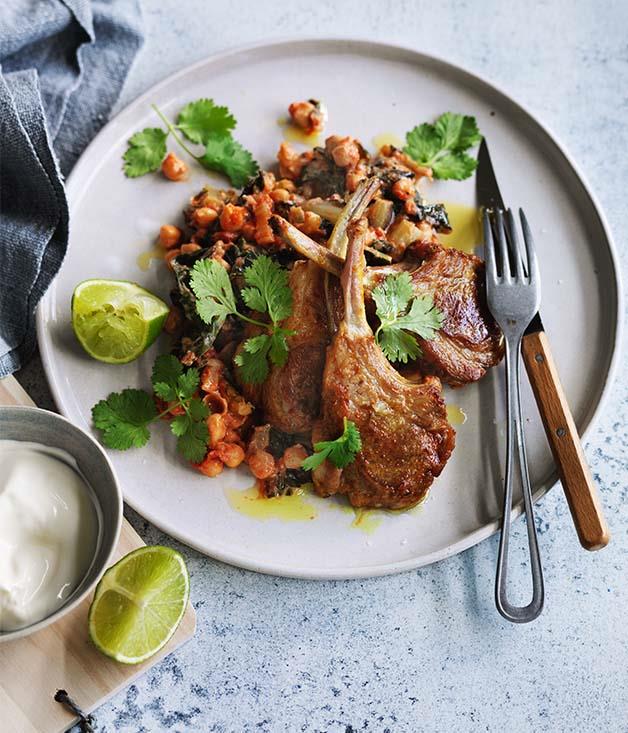[**Spiced lamb chops with silverbeet, chickpeas and yoghurt**](http://www.gourmettraveller.com.au/recipes/fast-recipes/spiced-lamb-chops-with-silverbeet-chickpeas-and-yoghurt-13831|target="_blank")