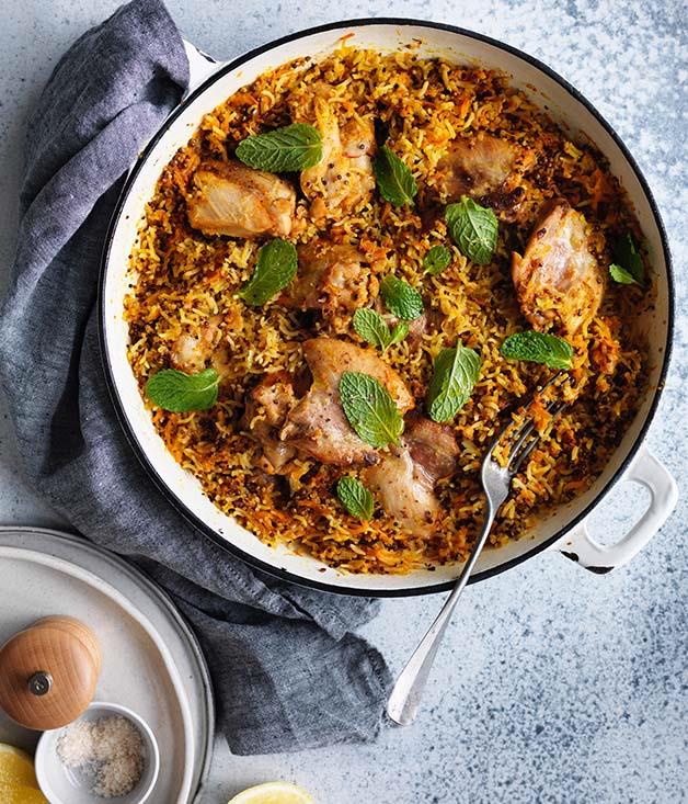 **[Harissa chicken with carrot, rice and quinoa pilaf](https://www.gourmettraveller.com.au/recipes/fast-recipes/harissa-chicken-with-carrot-rice-and-quinoa-pilaf-13830|target="_blank")**