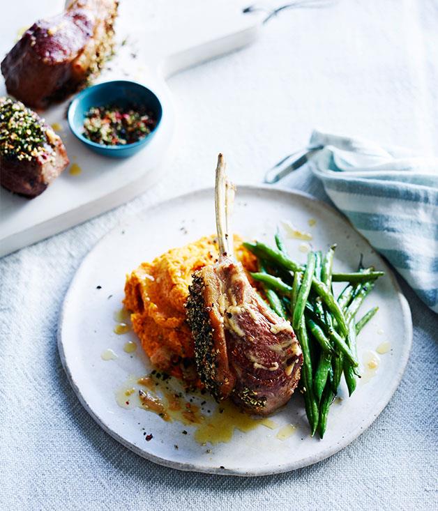 [**Furikake lamb rack with carrot-ginger puree**](http://www.gourmettraveller.com.au/recipes/fast-recipes/furikake-lamb-rack-with-carrot-ginger-puree-13835|target="_blank")