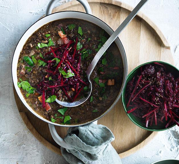 Lentil and speck soup with beetroot slaw