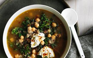 Chickpea, quinoa and kale soup with labne