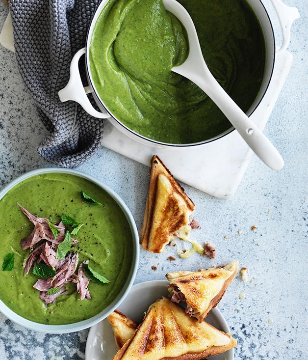 **[Split pea and ham soup with ham and cheddar jaffles](http://www.gourmettraveller.com.au/recipes/browse-all/split-pea-and-ham-soup-with-ham-and-cheddar-jaffles-12826|target="_blank")**