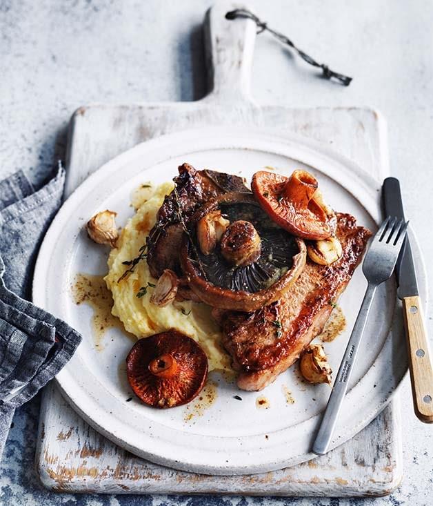 [**T-bone steaks with garlic buttered mushrooms and mash**](https://www.gourmettraveller.com.au/recipes/fast-recipes/t-bone-steaks-with-garlic-buttered-mushrooms-and-mash-13821|target="_blank")
