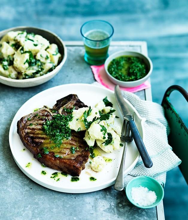 **Barbecued T-bones with rough rocket salsa verde and crushed potato salad**
