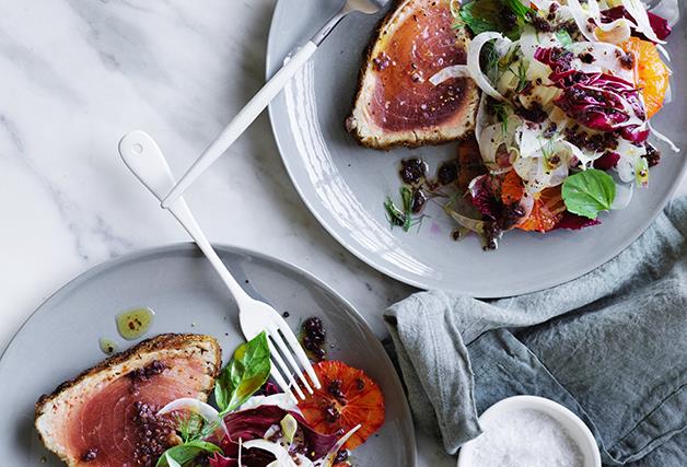 Grilled tuna with blood orange, fennel and black olive dressing