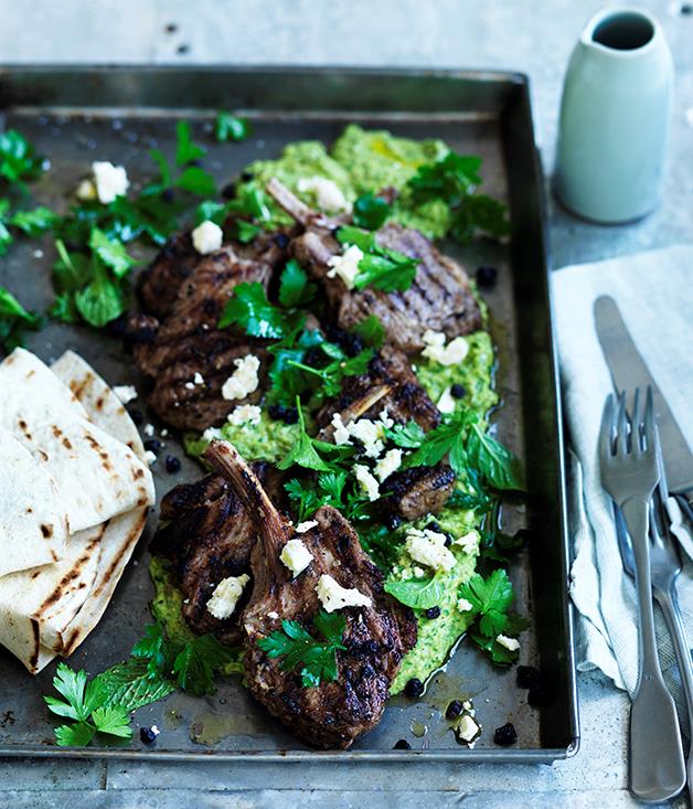 [**Sumac and coriander lamb cutlets with green hummus**](http://www.gourmettraveller.com.au/recipes/fast-recipes/sumac-and-coriander-lamb-cutlets-with-green-hummus-13780|target="_blank")