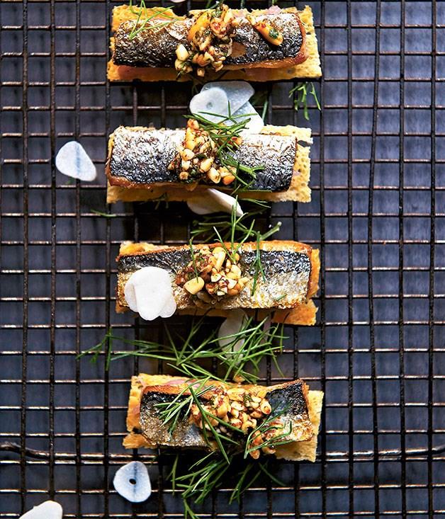 [**Sardines on toast with sweet onion and pine nut tarator**](https://www.gourmettraveller.com.au/recipes/browse-all/sardines-on-toast-with-sweet-onion-and-pine-nut-tarator-10945|target="_blank")