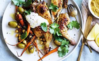 Roast spatchock with baby carrots, chickpeas and chermoula butter