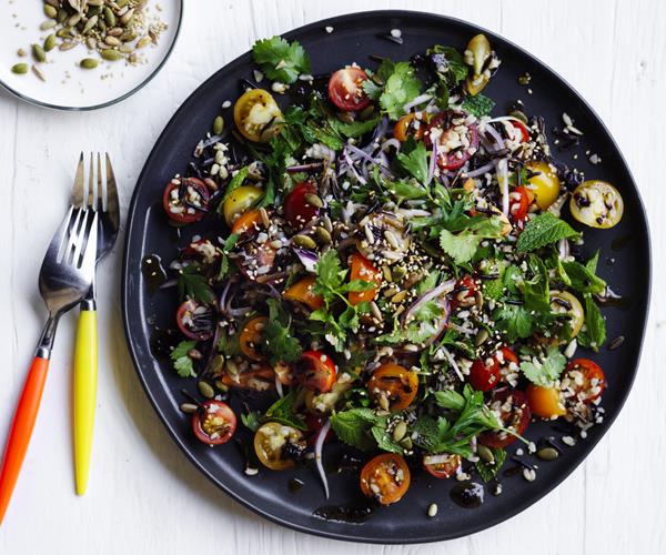 **[Tomato and mixed-grain salad with black garlic dressing](https://www.gourmettraveller.com.au/recipes/healthy-recipes/tomato-and-mixed-grain-salad-with-black-garlic-dressing-12958|target="_blank")**