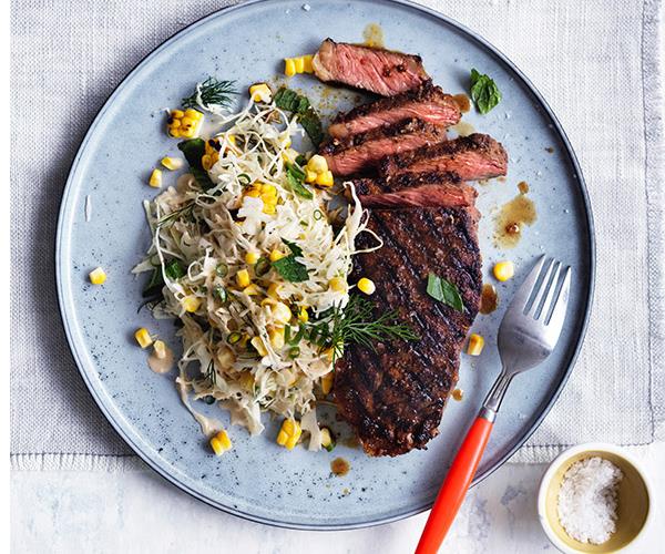 [**Smoky sirloin steaks with corn and cabbage slaw**](http://www.gourmettraveller.com.au/recipes/fast-recipes/smoky-sirloin-steaks-with-corn-and-cabbage-slaw-15575|target="_blank")