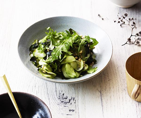 Barley and seaweed salad with cucumber and sesame