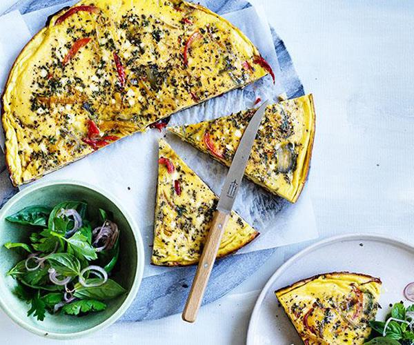Piperade frittata with shallot and herb salad recipe | Gourmet Traveller