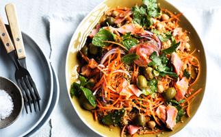Smoked trout, carrot and quinoa salad with harissa dressing