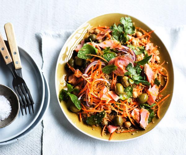 Smoked trout, carrot and quinoa salad with harissa dressing