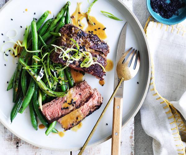 Fillet steak with charred green beans and tahini recipe | Gourmet Traveller