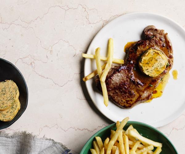 Steak frites with paprika and anchovy butter