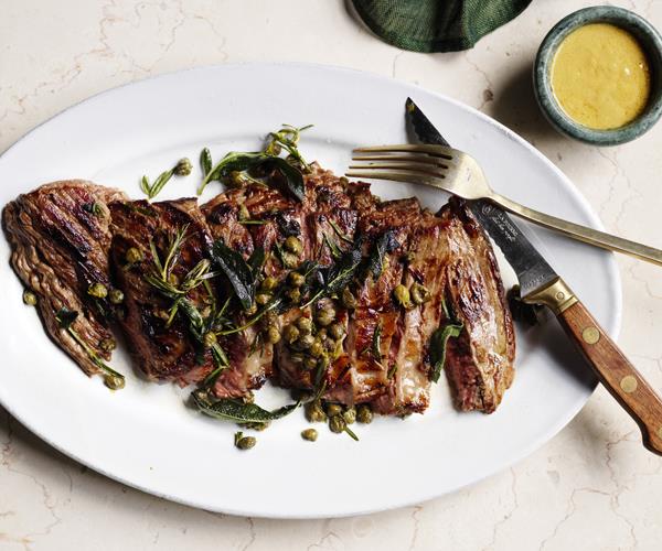 **[Flank steak with mustard sauce, herbs and capers](https://www.gourmettraveller.com.au/recipes/fast-recipes/flank-steak-mustard-capers-15744|target="_blank")**