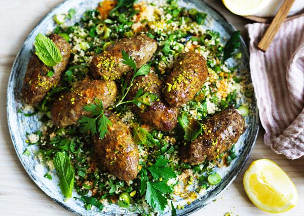 Beef koftas with green couscous and pistachio nuts