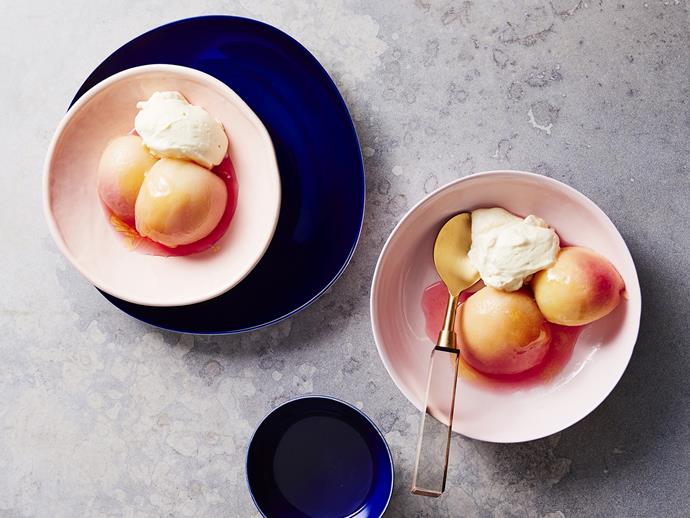 **[Emma McCaskill's white peaches with rosewater, honey and fromage blanc](https://www.gourmettraveller.com.au/recipes/chefs-recipes/white-peaches-with-rosewater-honey-and-fromage-blanc-15800|target="_blank")**