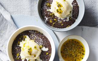 Chocolate-coconut pudding with passionfruit and ice-cream