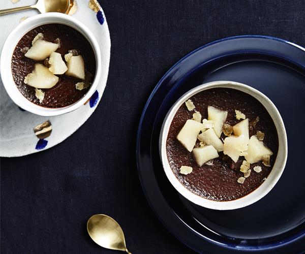 **[Dark chocolate pots de crème with ginger pear](https://www.gourmettraveller.com.au/recipes/chefs-recipes/dark-chocolate-pots-de-creme-with-ginger-pear-15966|target="_blank")**