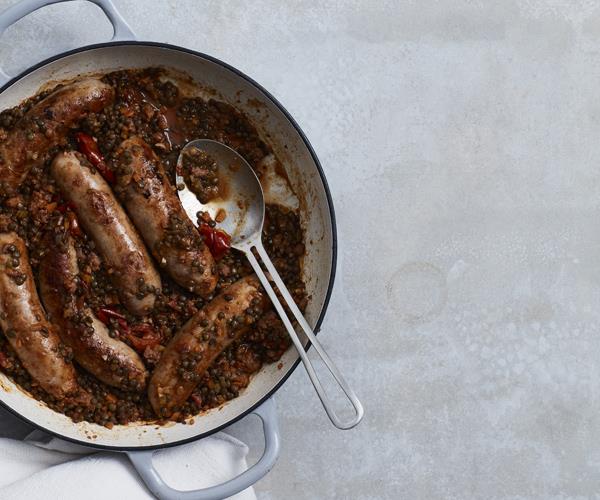 **[Braised pork and fennel sausages with lentils and rosemary](https://www.gourmettraveller.com.au/recipes/fast-recipes/braised-pork-and-fennel-sausages-with-lentils-and-rosemary-16064|target="_blank")**