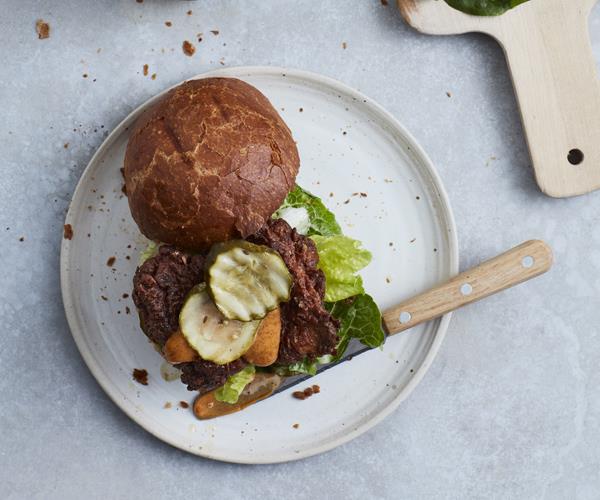 **[Fried chicken burger with smoky mayo, cos and pickles](https://www.gourmettraveller.com.au/recipes/fast-recipes/fried-chicken-burger-with-smoky-mayo-cos-and-pickles-16065|target="_blank")**