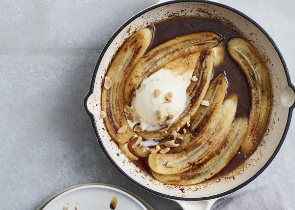 Pan-fried bananas with salted maple caramel and vanilla ice-cream