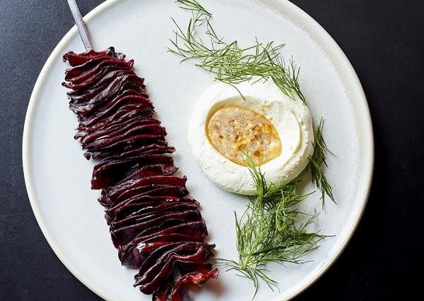 Beetroot kebabs with labne and dukkah