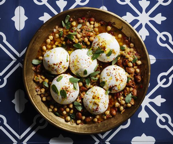 Burrata with broad bean and chickpea stew